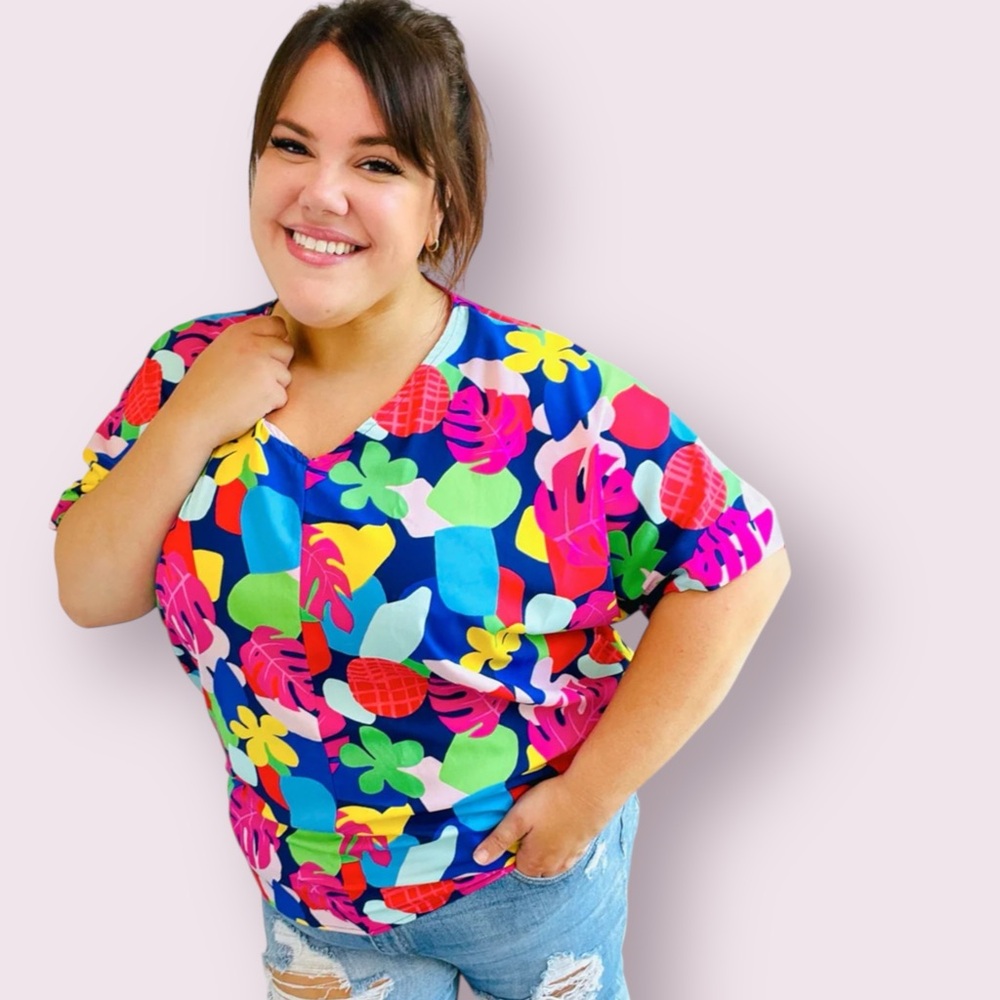 🆕 TIME FOR SUN NAVY MULTICOLOR TROPICAL PRINT V NECK TOP